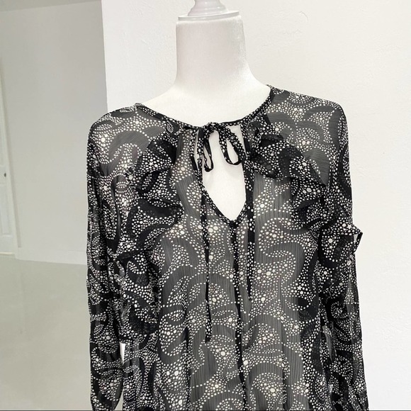 Topshop Star & Moon Blouse Black Ruffles Ties Semi Shear - Picture 6 of 9